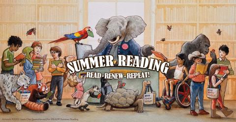 Jason Chin's artwork featuring animals and kids in a library setting.