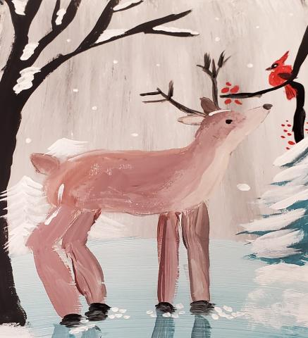 a deer and a cardinal standing in snowy woods.