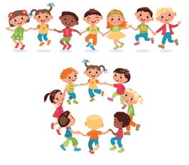 Illustration of children dancing happily while holding hands in a circle