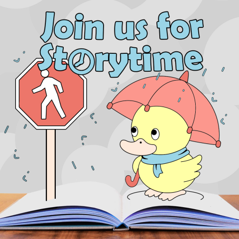 “Join us for storytime” Illustration of a duck with an umbrella popping out of a book