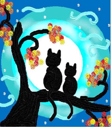 Cat silhouettes on a fall tree in the moonlight 